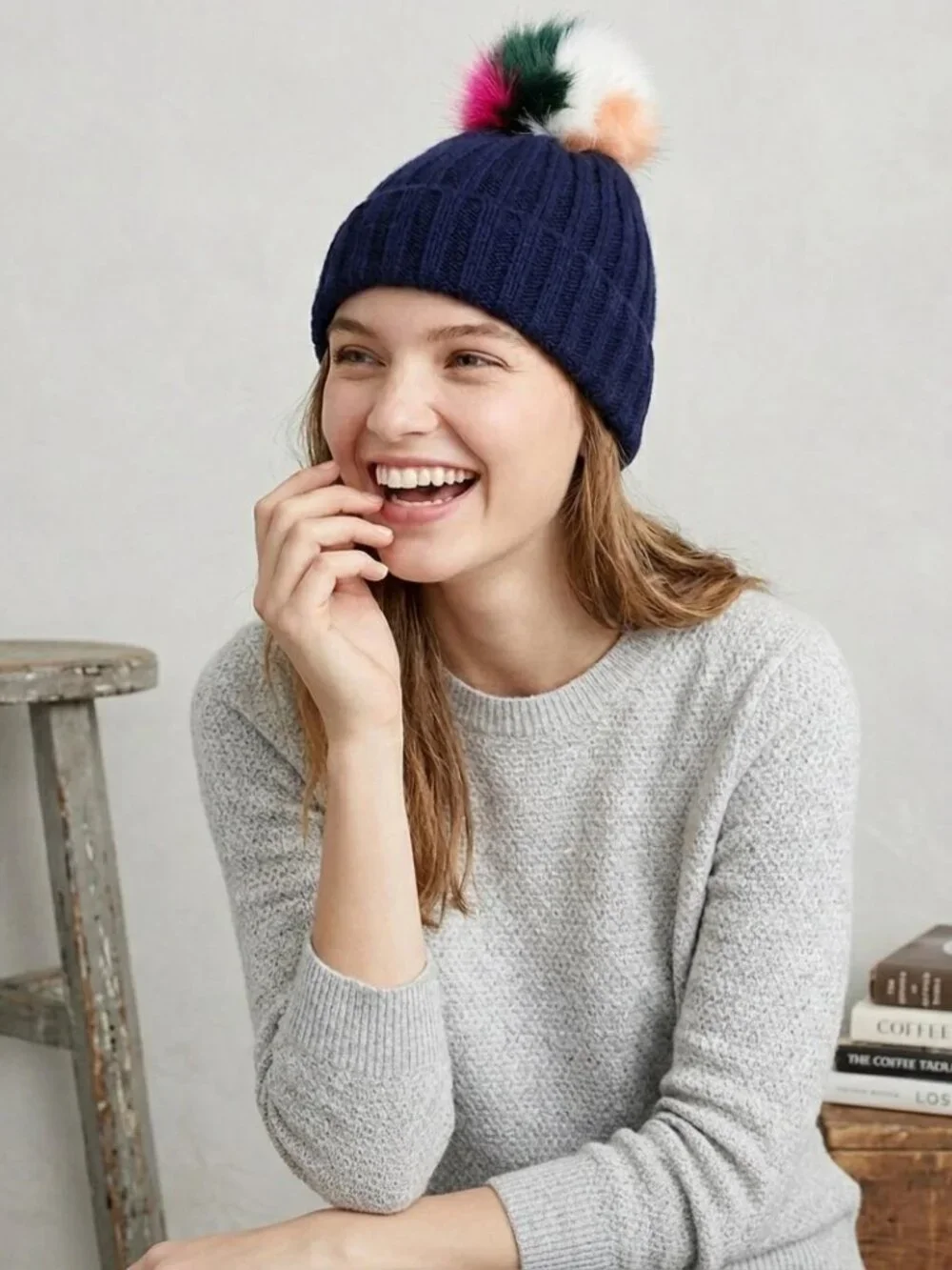J Crew Faux Fur Stole Scarf w/ Rib-Knit Beanie w/ Multi-Colored Faux-Fur Pom-Pom